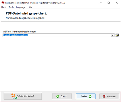 Auswahl des Namens der Ausgabedatei *.pdf