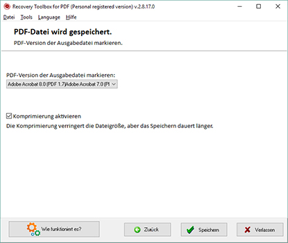 Auswahl der Version des *.pdf-Formats für das gespeicherte Dokument