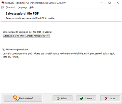 Selezione della versione del formato *.pdf per il salvataggio